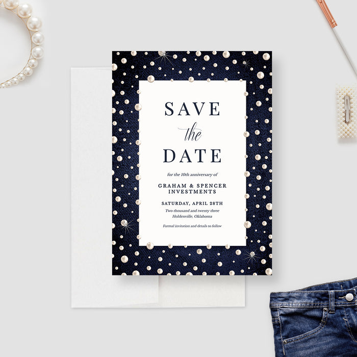 Denim and pearls save the date card template with a white center and navy pearl border.