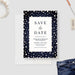 Denim and pearls save the date card template with a white center and navy pearl border.