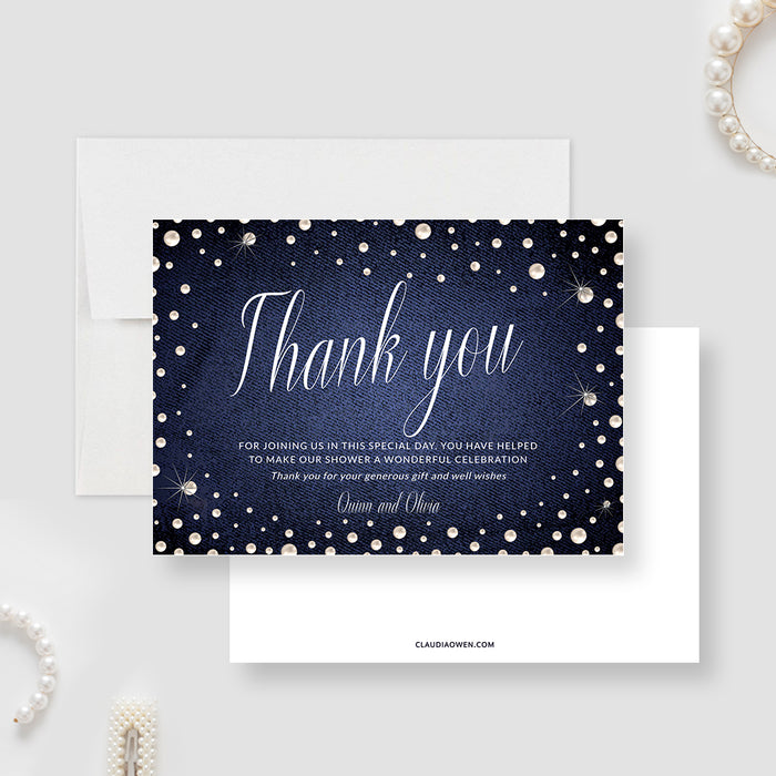 Denim and pearls thank you card template with white script on navy.