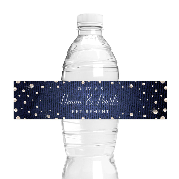 Denim and pearls water bottle label template shown wrapped around a bottle.