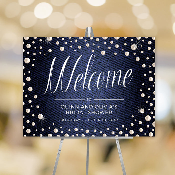 Denim and pearls welcome sign template with white script on a navy pearl patterned background.