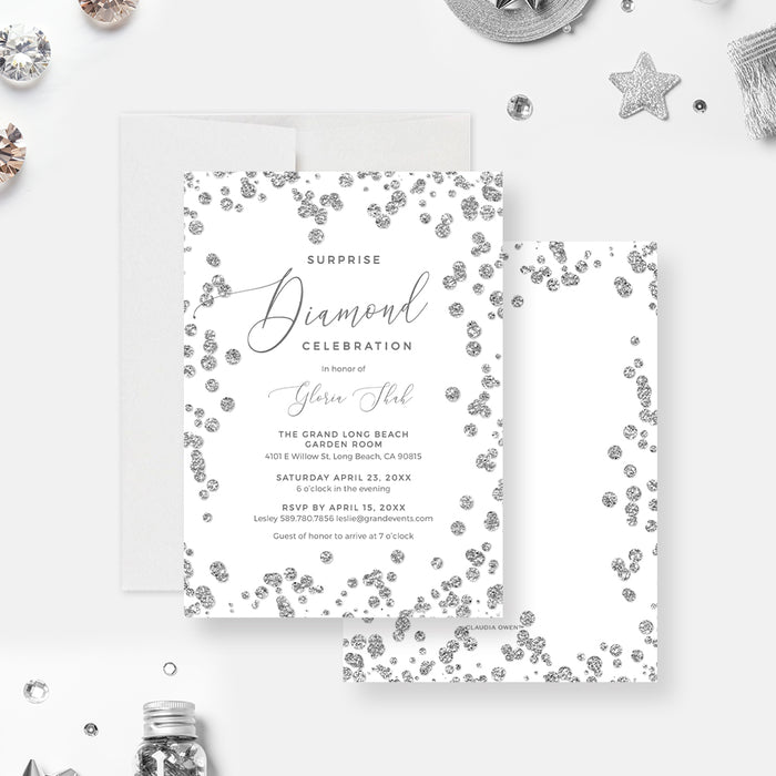 Elegant diamond celebration invitation with silver glitter border