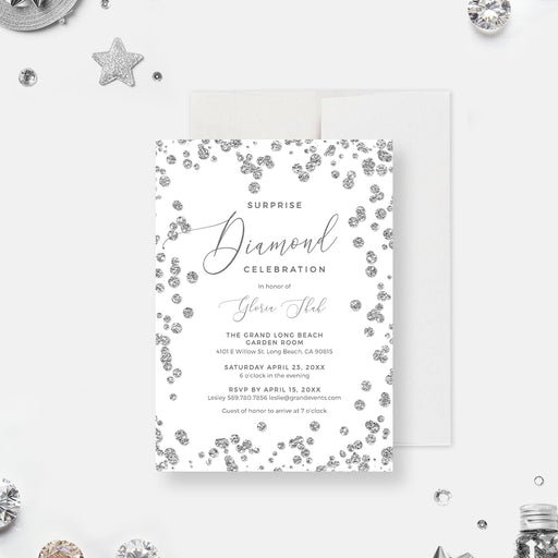 Elegant diamond celebration invitation with silver glitter border