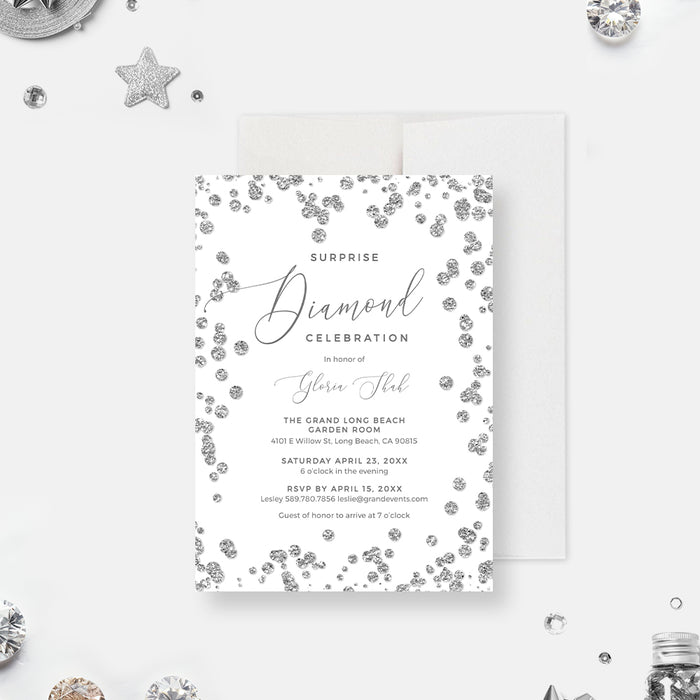 Elegant diamond celebration invitation with silver glitter border