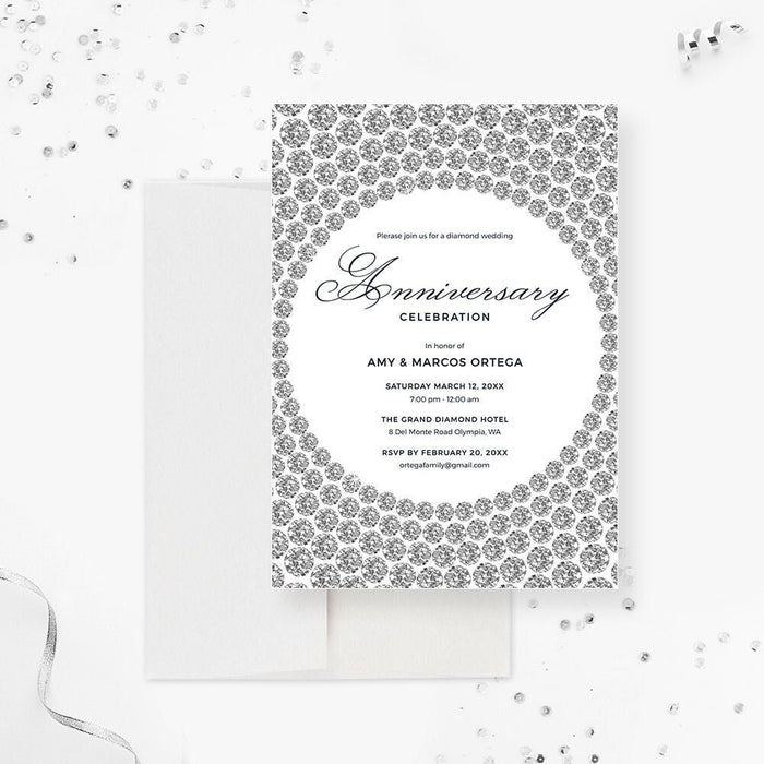 Elegant diamond wedding anniversary invitation template with sparkling diamond border and personalized couple details