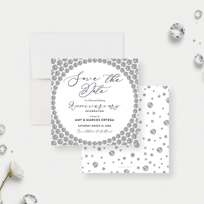 Diamond wedding anniversary save the date card with elegant crystal-inspired border-front-back