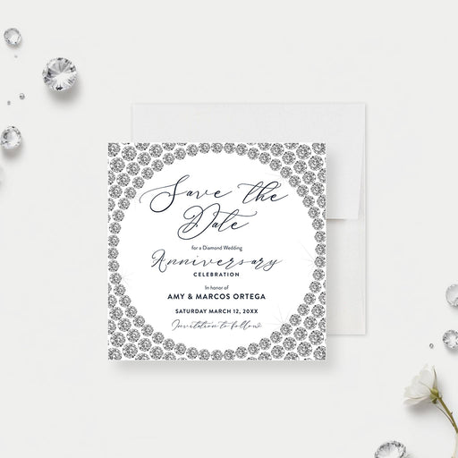 Diamond wedding anniversary save the date card with elegant crystal-inspired border-front