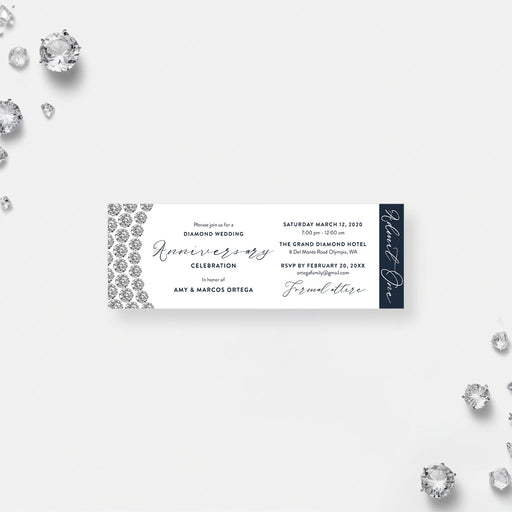 Diamond wedding anniversary ticket invitation with elegant diamond border and navy details