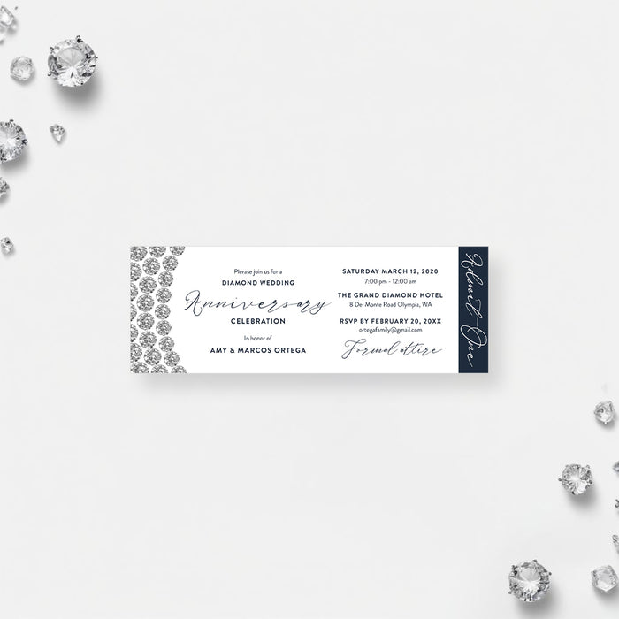 Diamond wedding anniversary ticket invitation with elegant diamond border and navy details