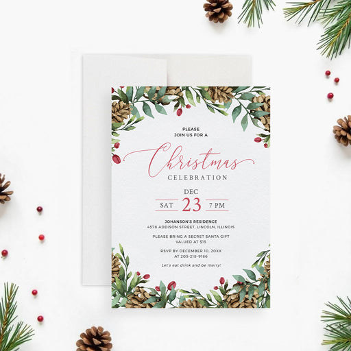 Digital Christmas party invitation template featuring watercolor pinecones and greenery