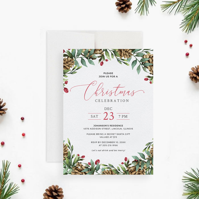 Digital Christmas party invitation template featuring watercolor pinecones and greenery