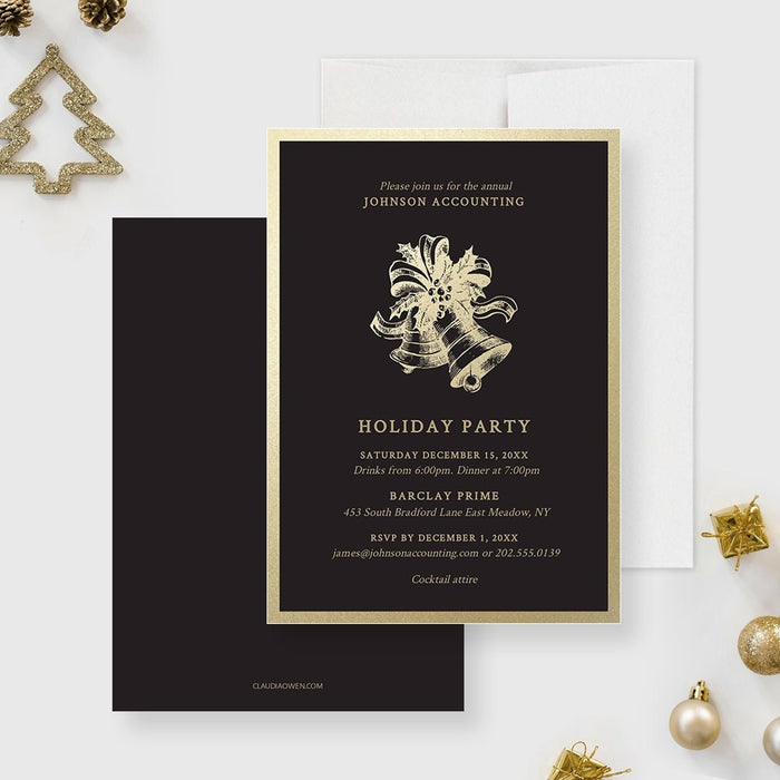 Black and gold holiday party invitation featuring gold bells, elegant typography, and customizable event details for corporate Christmas parties.