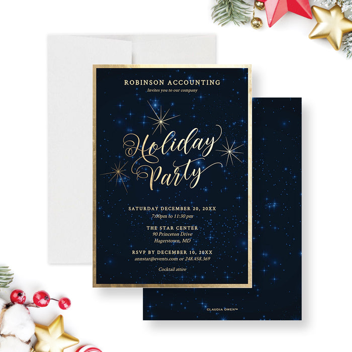 Digital corporate holiday party invitation featuring navy blue night sky design gold stars and elegant script typography for Christmas events