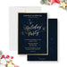 Digital corporate holiday party invitation featuring navy blue night sky design gold stars and elegant script typography for Christmas events