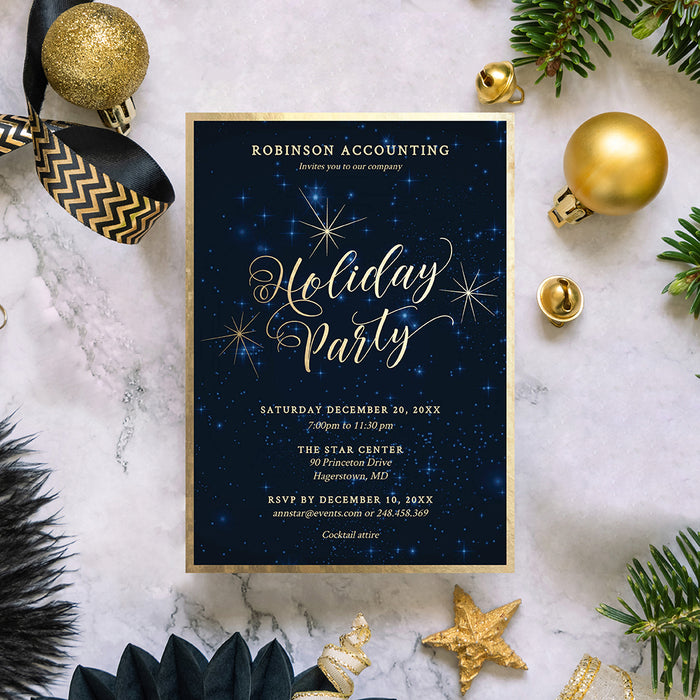 Digital corporate holiday party invitation featuring navy blue night sky design gold stars and elegant script typography for Christmas events