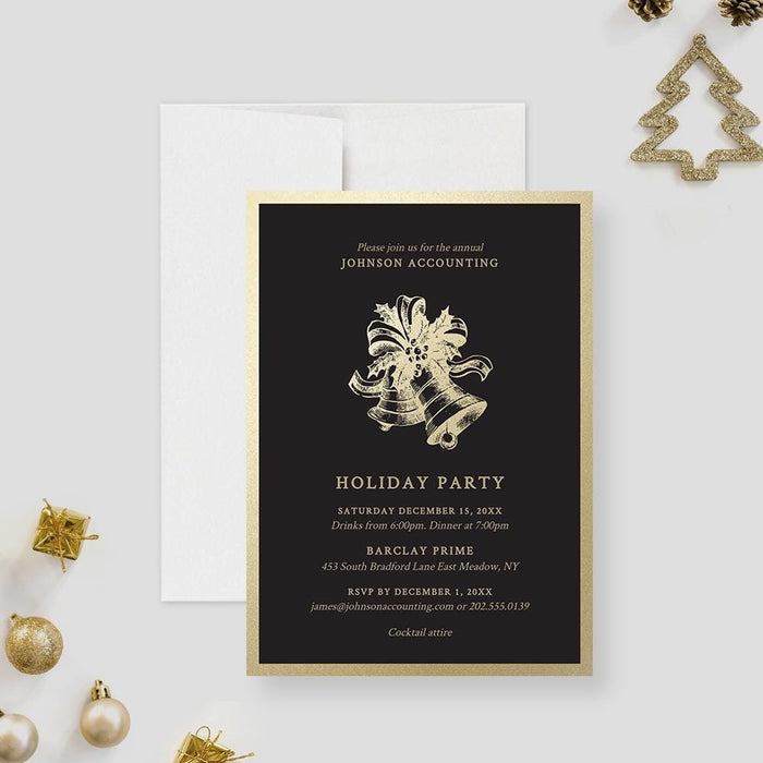 Black and gold holiday party invitation featuring gold bells, elegant typography, and customizable event details for corporate Christmas parties.