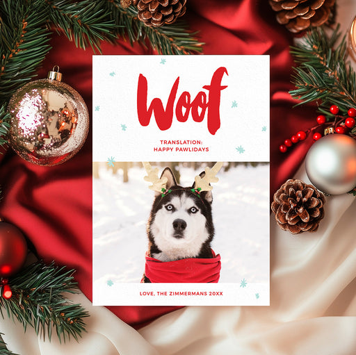 Digital pet holiday greeting card featuring your custom photo, festive Christmas snowflake design, and bold Woof text for a fun dog-themed holiday message