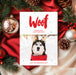 Digital pet holiday greeting card featuring your custom photo, festive Christmas snowflake design, and bold Woof text for a fun dog-themed holiday message
