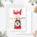 Digital pet holiday greeting card featuring your custom photo, festive Christmas snowflake design, and bold Woof text for a fun dog-themed holiday message