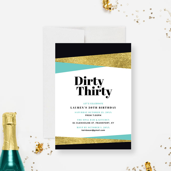 Dirty Thirty birthday invitation with bold black lettering and angled teal and gold colored bands.