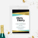 Dirty Thirty birthday invitation with bold black lettering and angled teal and gold colored bands.