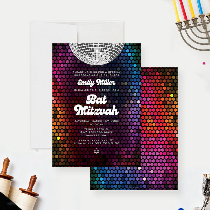 disco Bat Mitzvah invitation with colorful background and mirrored disco ball design retro dance party invite-front-back