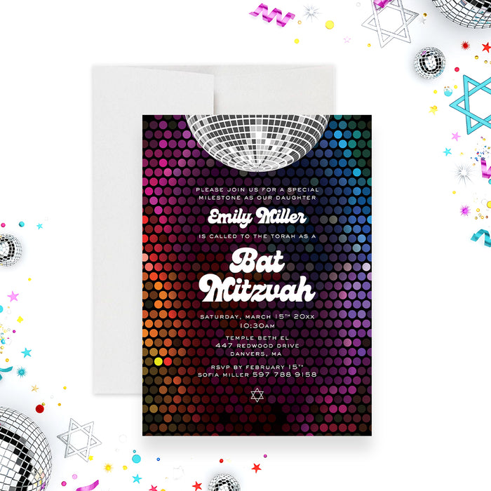 disco Bat Mitzvah invitation with colorful background and mirrored disco ball design retro dance party invite-front