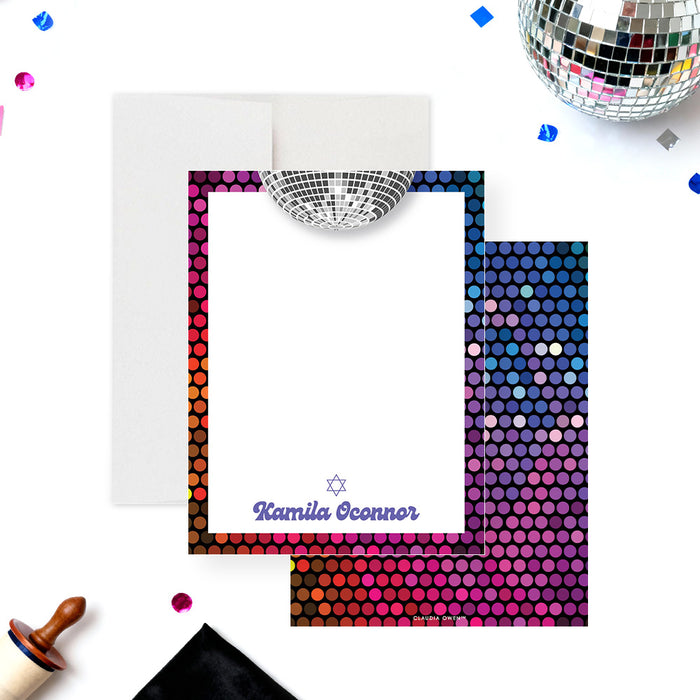 disco Bat Mitzvah thank you card with mirror ball and Star of David design, personalized retro stationery keepsake-front-back