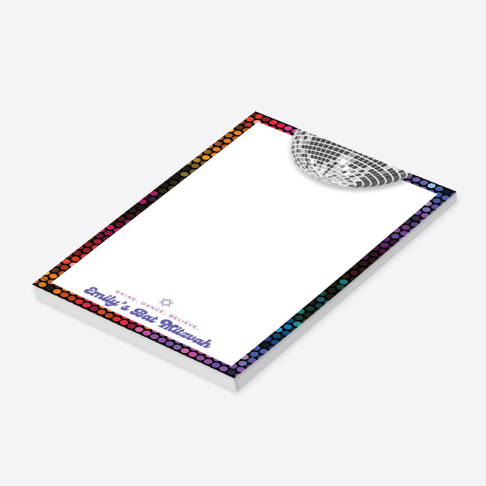 personalized colorful disco Bat Mitzvah notepad with mirrored disco ball and retro rainbow border design-side