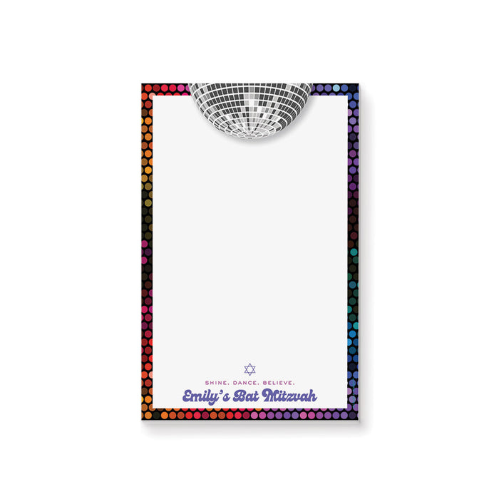 personalized colorful disco Bat Mitzvah notepad with mirrored disco ball and retro rainbow border design