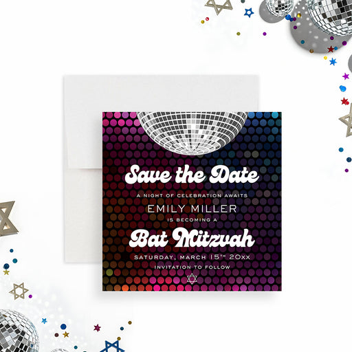 colorful disco bat mitzvah save the date card with mirrored disco ball and retro dance party design-front