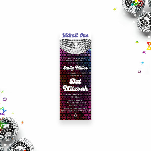 colorful disco Bat Mitzvah ticket invitation with mirrored disco ball, retro dots, and admit one party ticket design