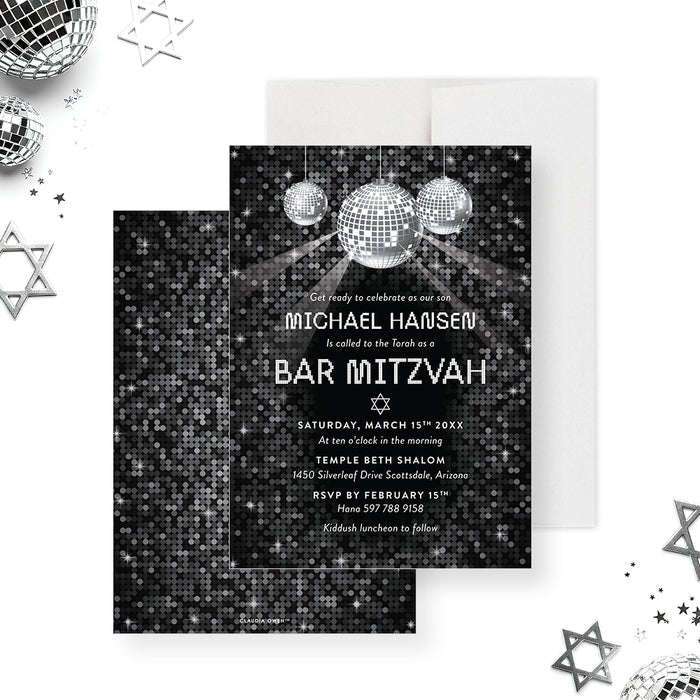 disco themed bar mitzvah invitation with hanging disco balls modern party invite for Jewish celebration-front-back