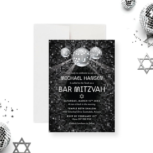 disco themed bar mitzvah invitation with hanging disco balls modern party invite for Jewish celebration-front