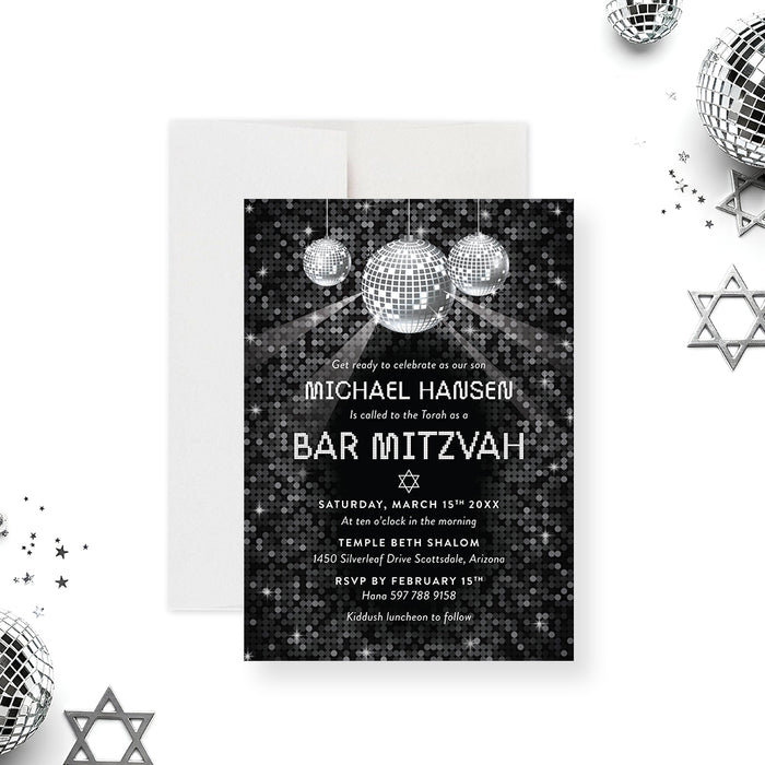 disco themed bar mitzvah invitation with hanging disco balls modern party invite for Jewish celebration-front