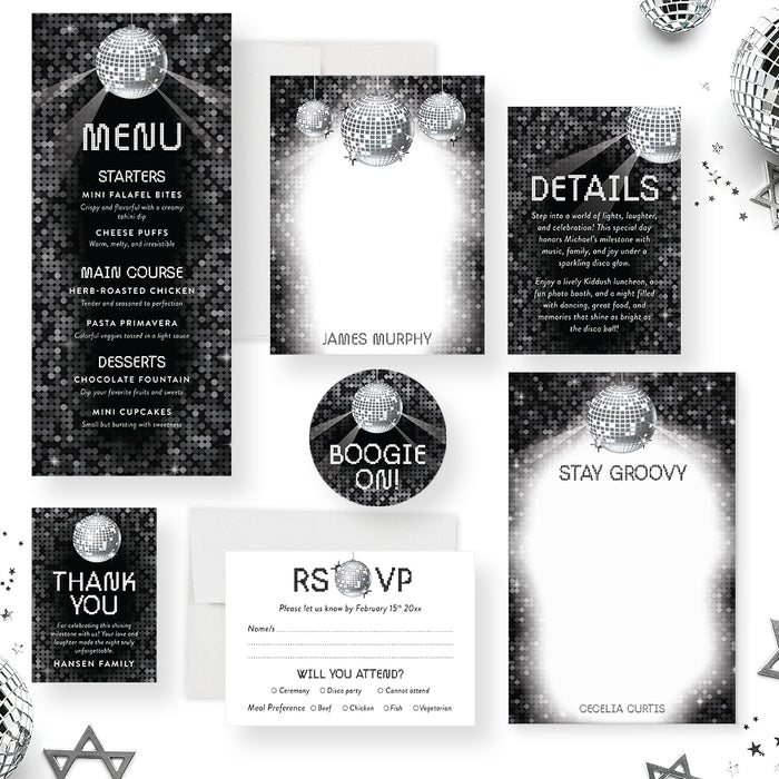 Modern Disco Ball Bar Mitzvah Invitation Black Silver Party Invite