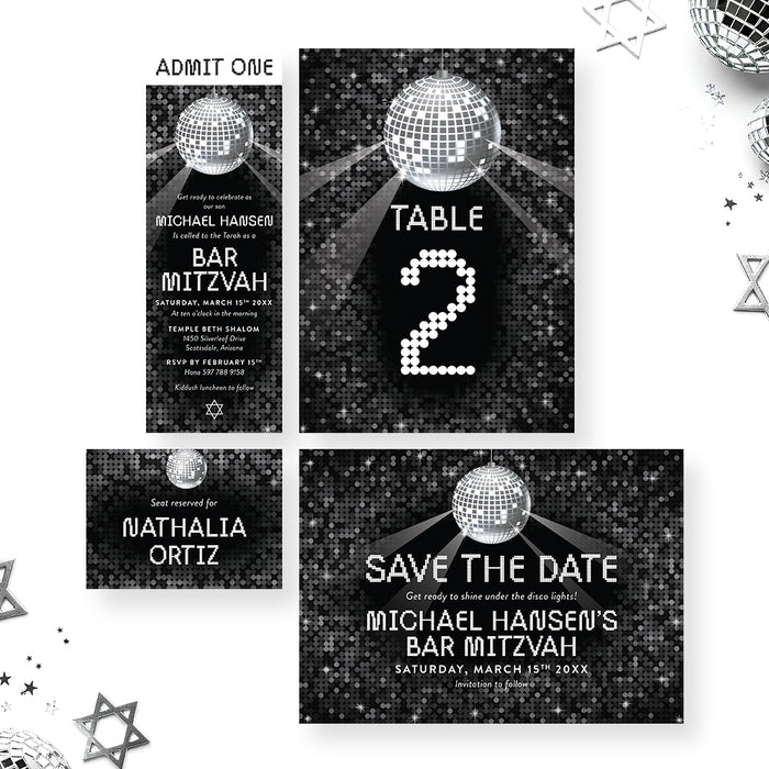 Modern Disco Ball Bar Mitzvah Invitation Black Silver Party Invite