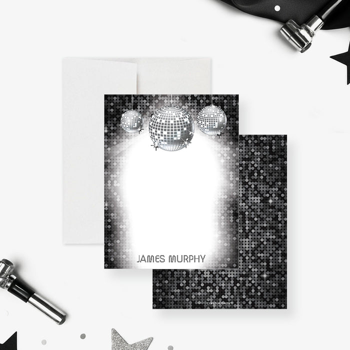 disco ball thank you card personalized with name, modern black and silver note card-front-back