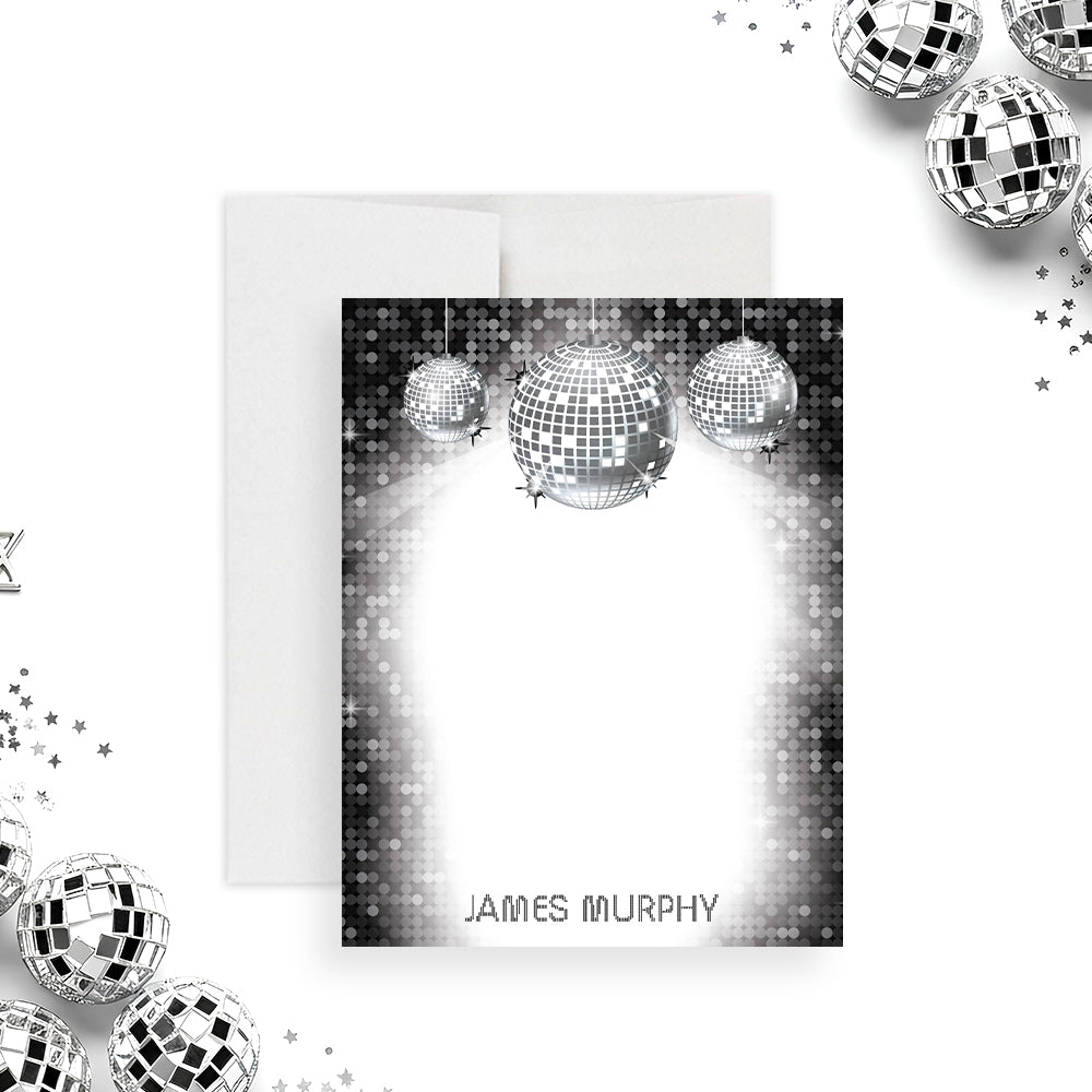 Personalized Disco Note Card Black Silver Party Stationery