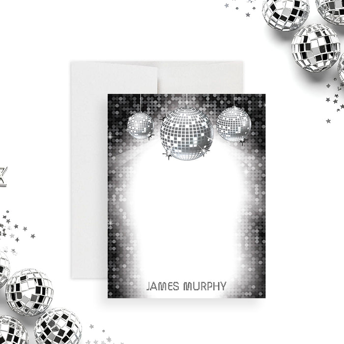 disco ball thank you card personalized with name, modern black and silver note card-front