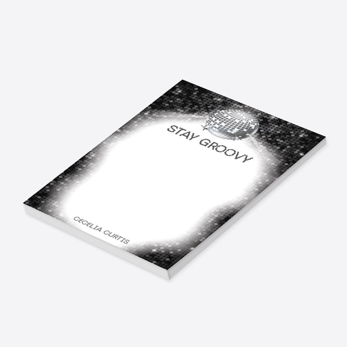 disco themed notepad with stay groovy text and custom name for party favors, gifts, or daily notes-front-back