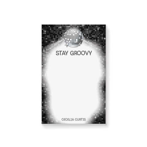 disco themed notepad with stay groovy text and custom name for party favors, gifts, or daily notes-front