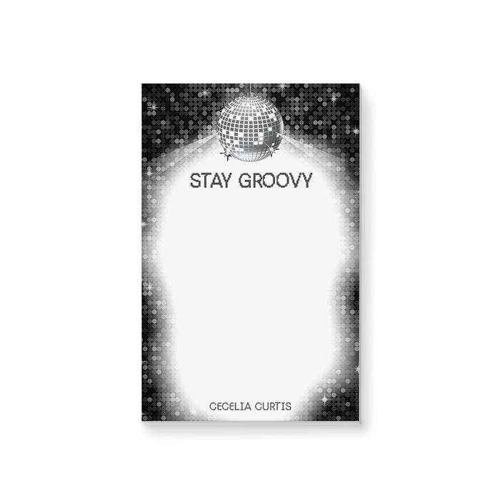 disco themed notepad with stay groovy text and custom name for party favors, gifts, or daily notes-front