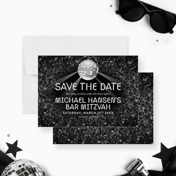 disco ball Bar Mitzvah save the date card with a black and silver party theme-front-back