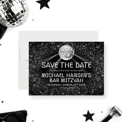 disco ball Bar Mitzvah save the date card with a black and silver party theme-front