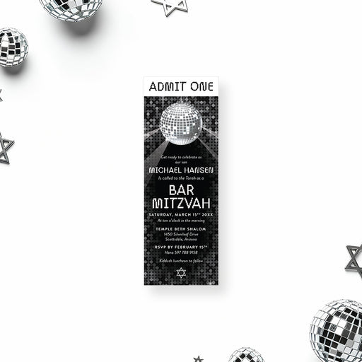 black and silver bar mitzvah ticket invitation with disco ball theme