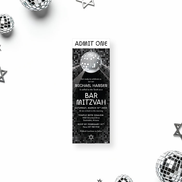 black and silver bar mitzvah ticket invitation with disco ball theme