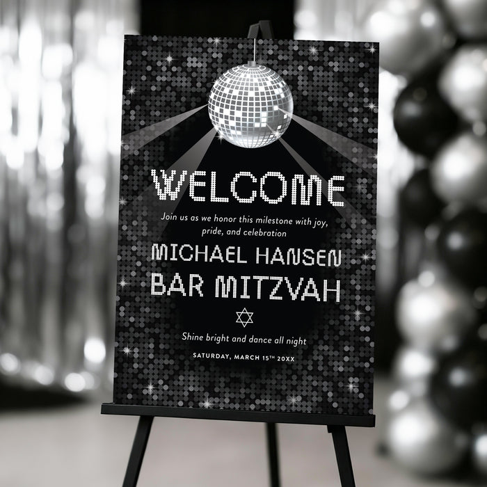 disco themed bar mitzvah welcome sign with disco ball design for receptions, party entrances, and dance event décor.
