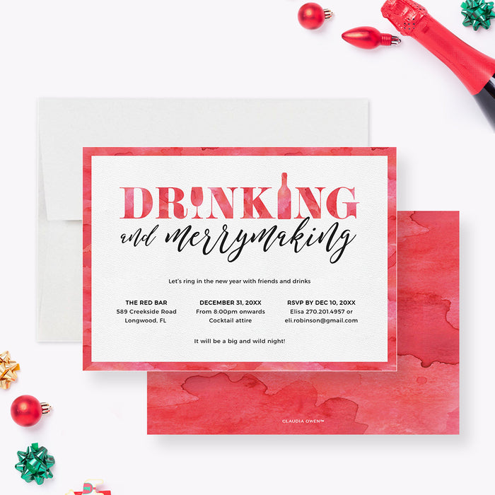 Digital holiday party invitation featuring festive Christmas design with cocktails and merrymaking theme for holiday cocktail party invites