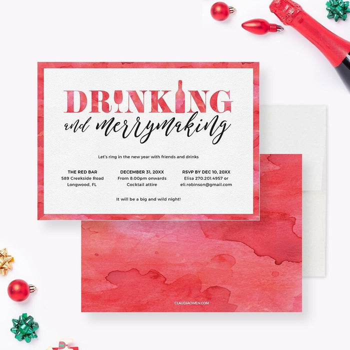 Digital holiday party invitation featuring festive Christmas design with cocktails and merrymaking theme for holiday cocktail party invites